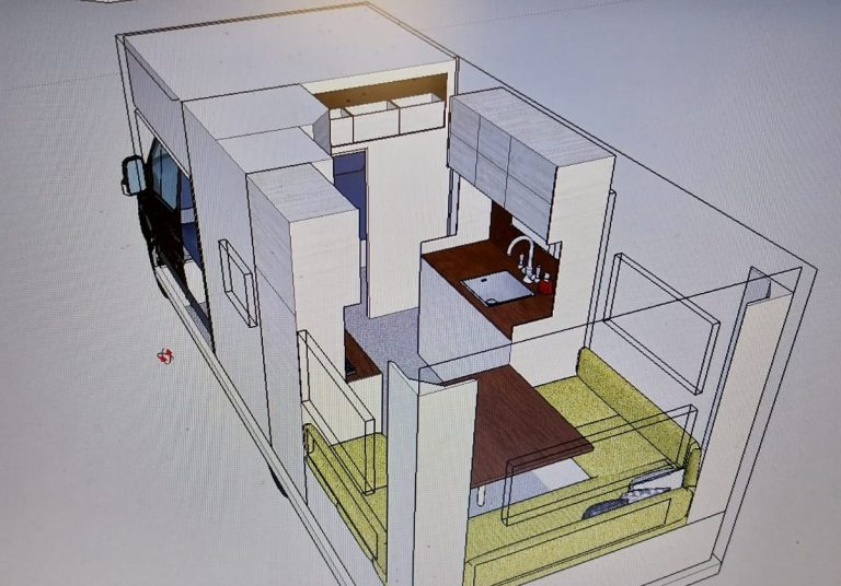 Modèle 3D d'un intérieur de véhicule utilitaire aménagé avec cuisine et salon.
